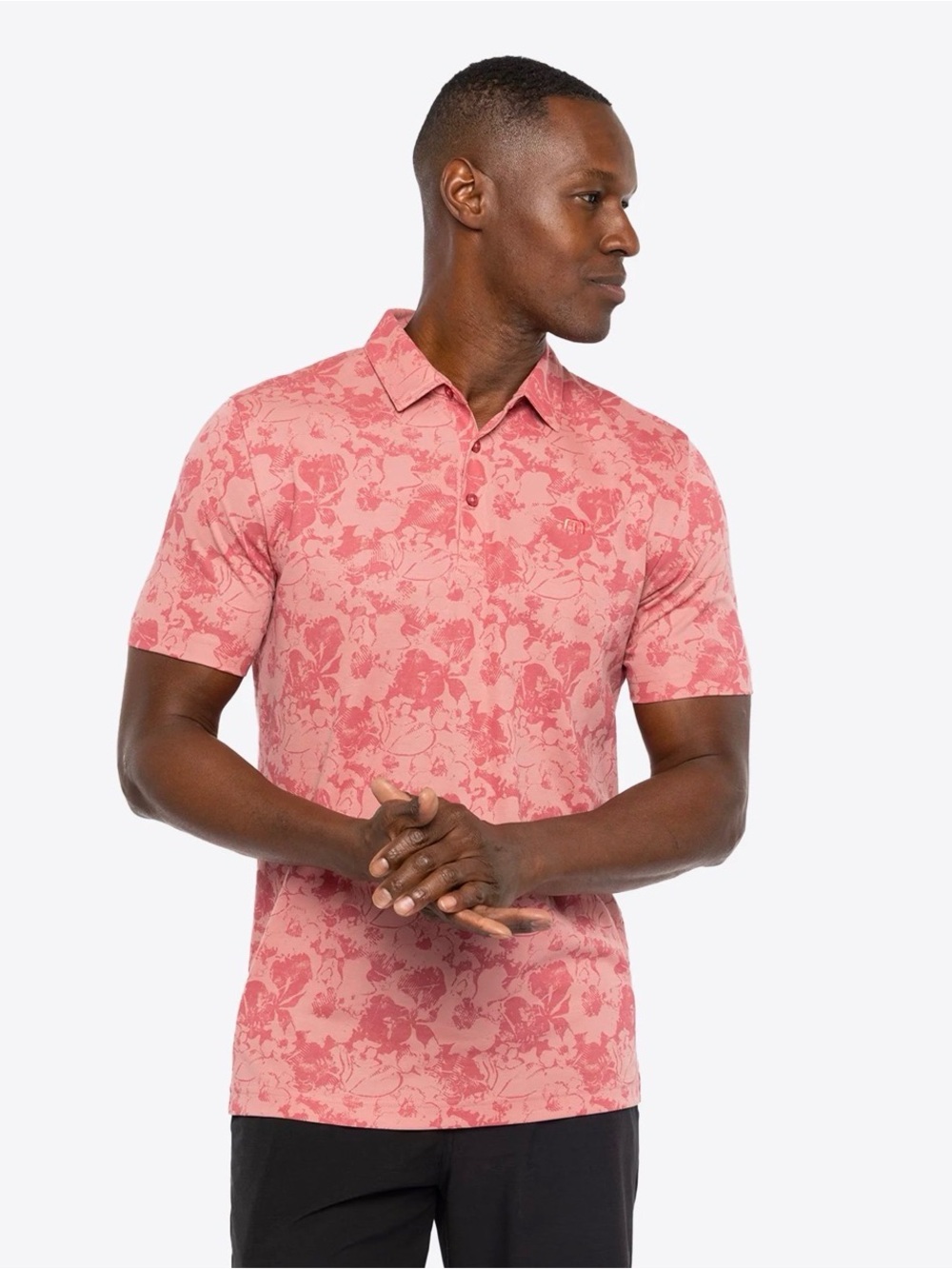 Travis Mathew Men’s Large Rose Pink Floral-Print Performance Golf Polo